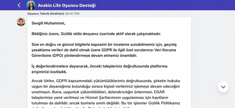 Avakin Life destek görüşmesi; görevli adı anonimleştirilmiştir.