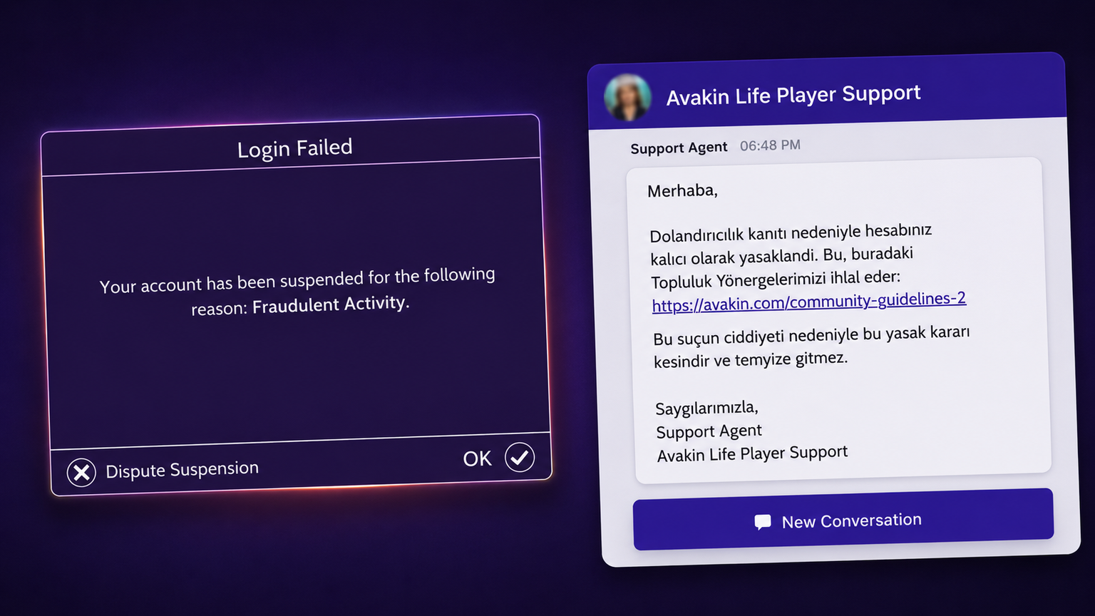 Avakin Life hesap yasaklama ve destek ekranı