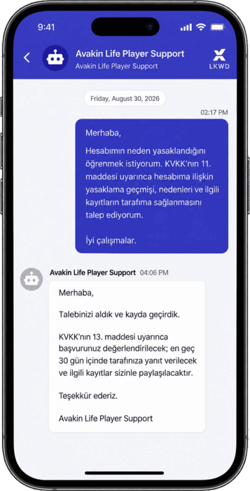 KVKK kapsamında hesap yasağı geçmişi ve kayıtları için yapılan veri erişim başvurusunu gösteren telefon ekranı.